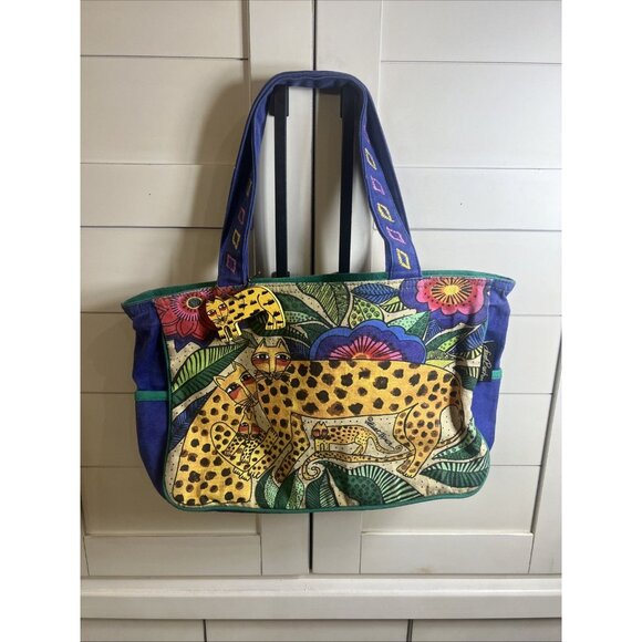 Vintage Laurel Burch Large Shoulder Tote Bag Leopard Cheetah Cat Y2K - Picture 1 of 12